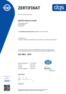 DIN EN ISO 9001:2015 Zertifikat der MEDITE Medical GmbH